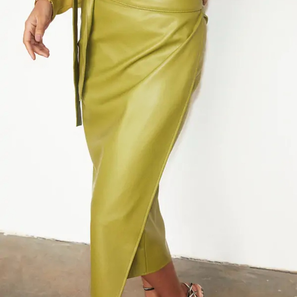Never Fully Dressed Olive Faux Leather Wrap Midi Skirt - Picture 6 of 9